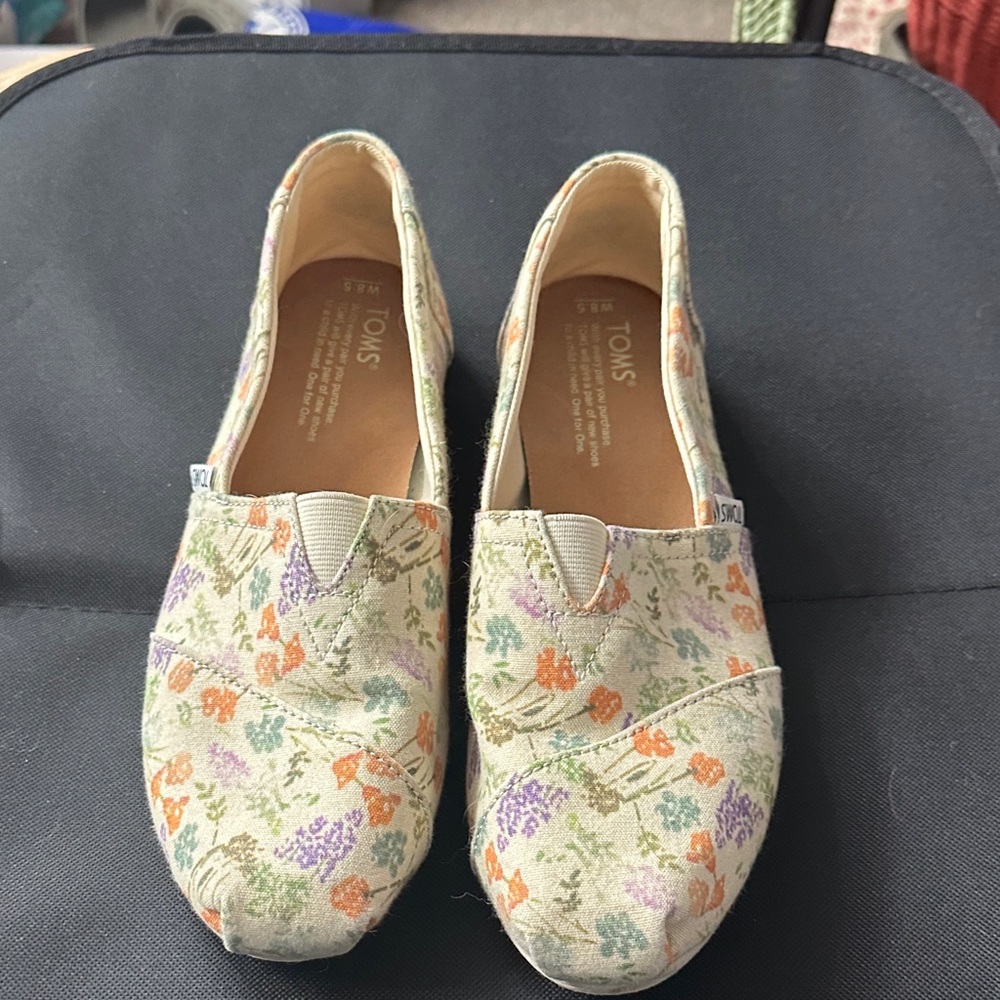 Toms Floral Canvas Slip-On Flats in Cream with Orange, Purple & Green Accents